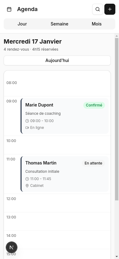 Interface d'agenda avec réservations automatiques
